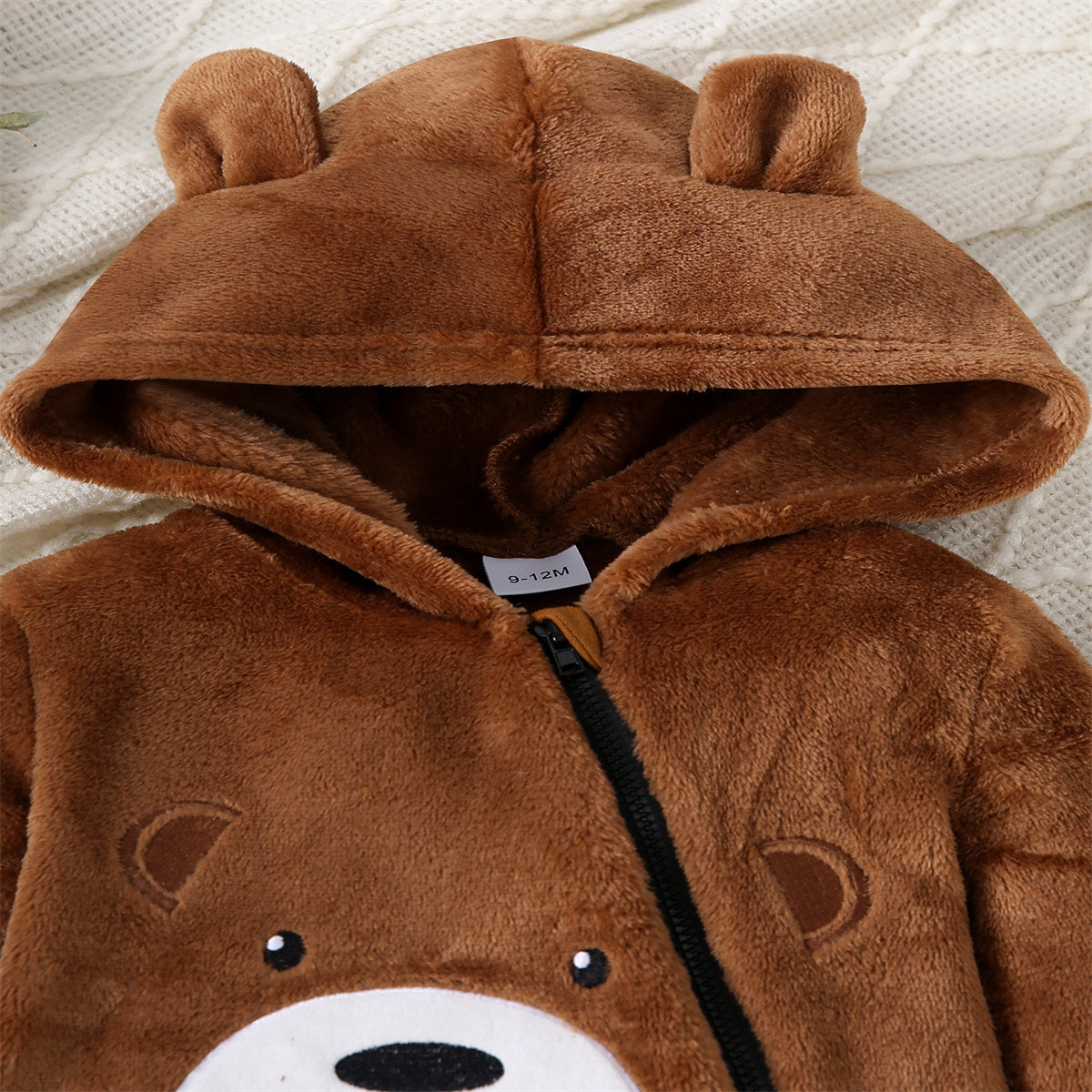 Autumn and Winter Baby Boys Three-Dimensional Bear Applique Embroidery Double-Sided Flannel Zipper Hooded Long-Sleeved Bodysuit