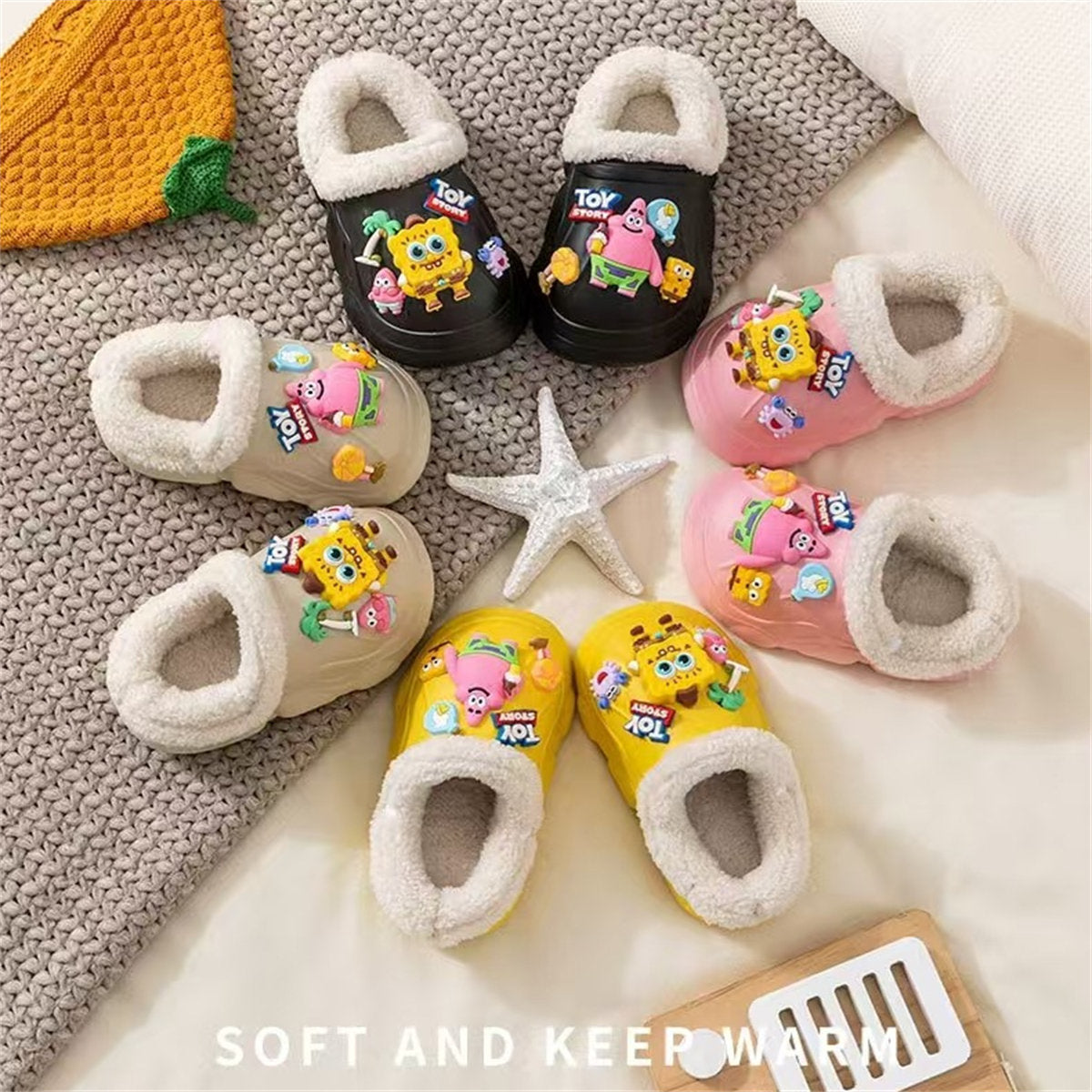 Children's autumn and winter boys and girls' SpongeBob SquarePants plush warm furry shoes non-slip soft bottom closed toe cotton slippers