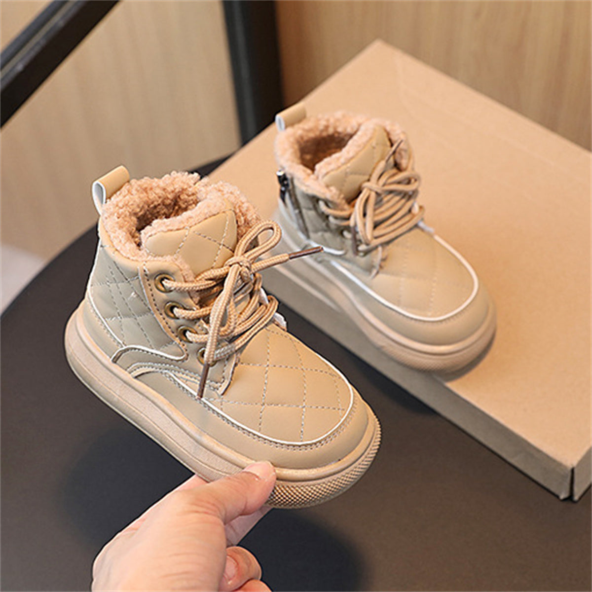 Children's girls' solid color simple British style warm plus velvet fashionable waterproof non-slip high top cotton shoes