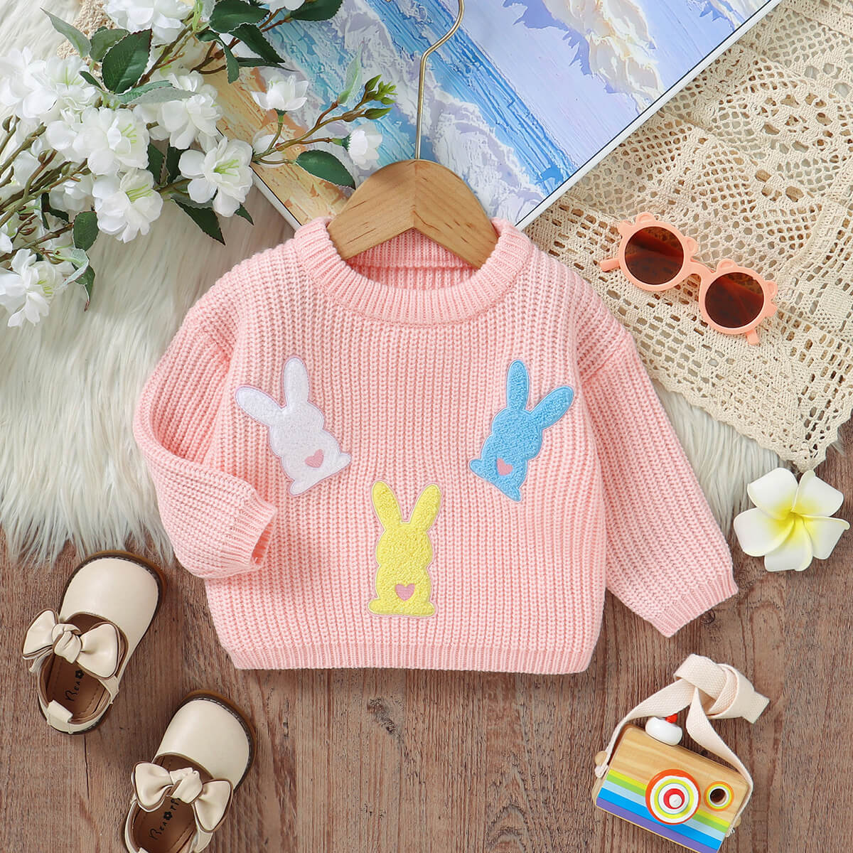 Baby knitted cute bunny patch embroidered top pullover sweater