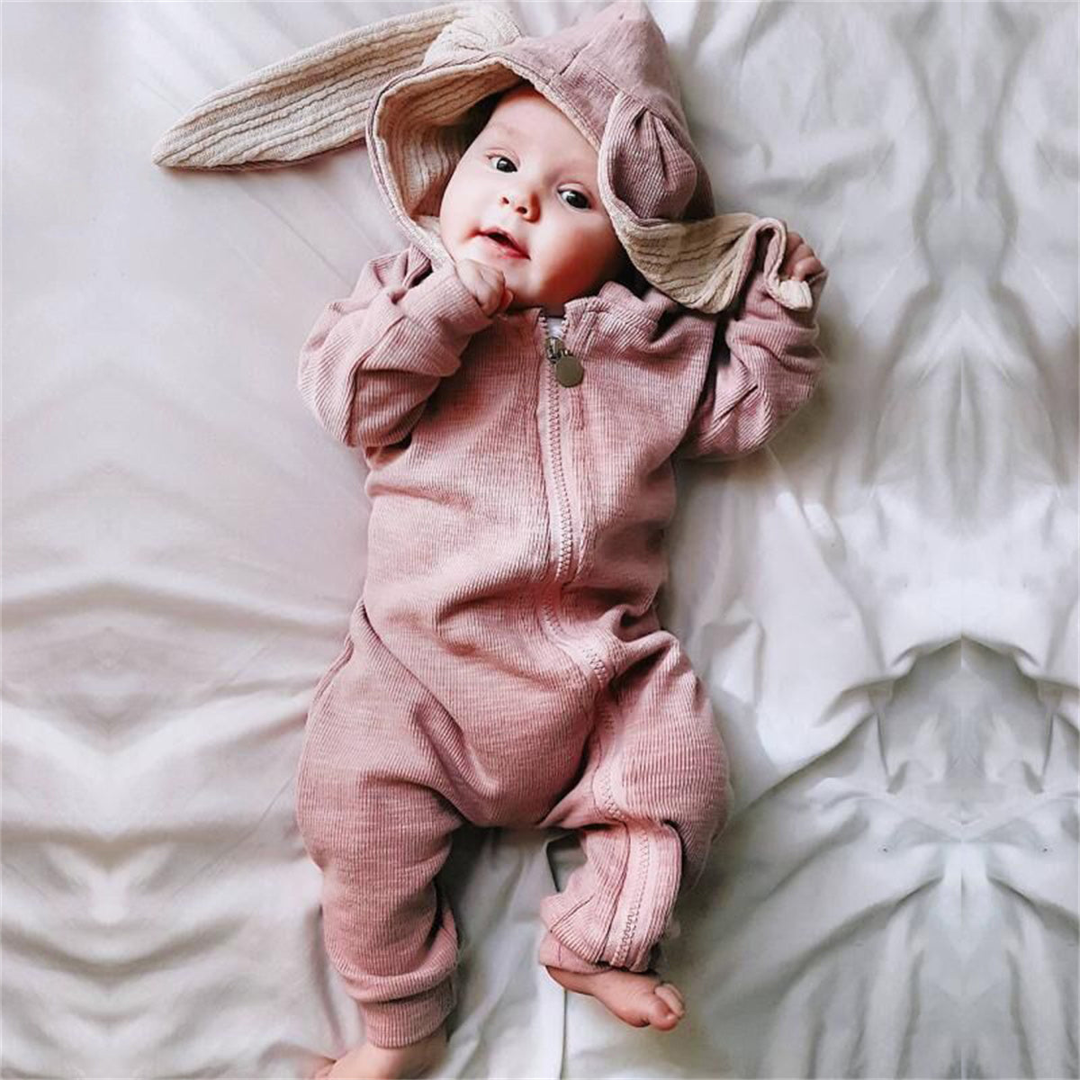 Baby big ears bunny hooded zipper romper