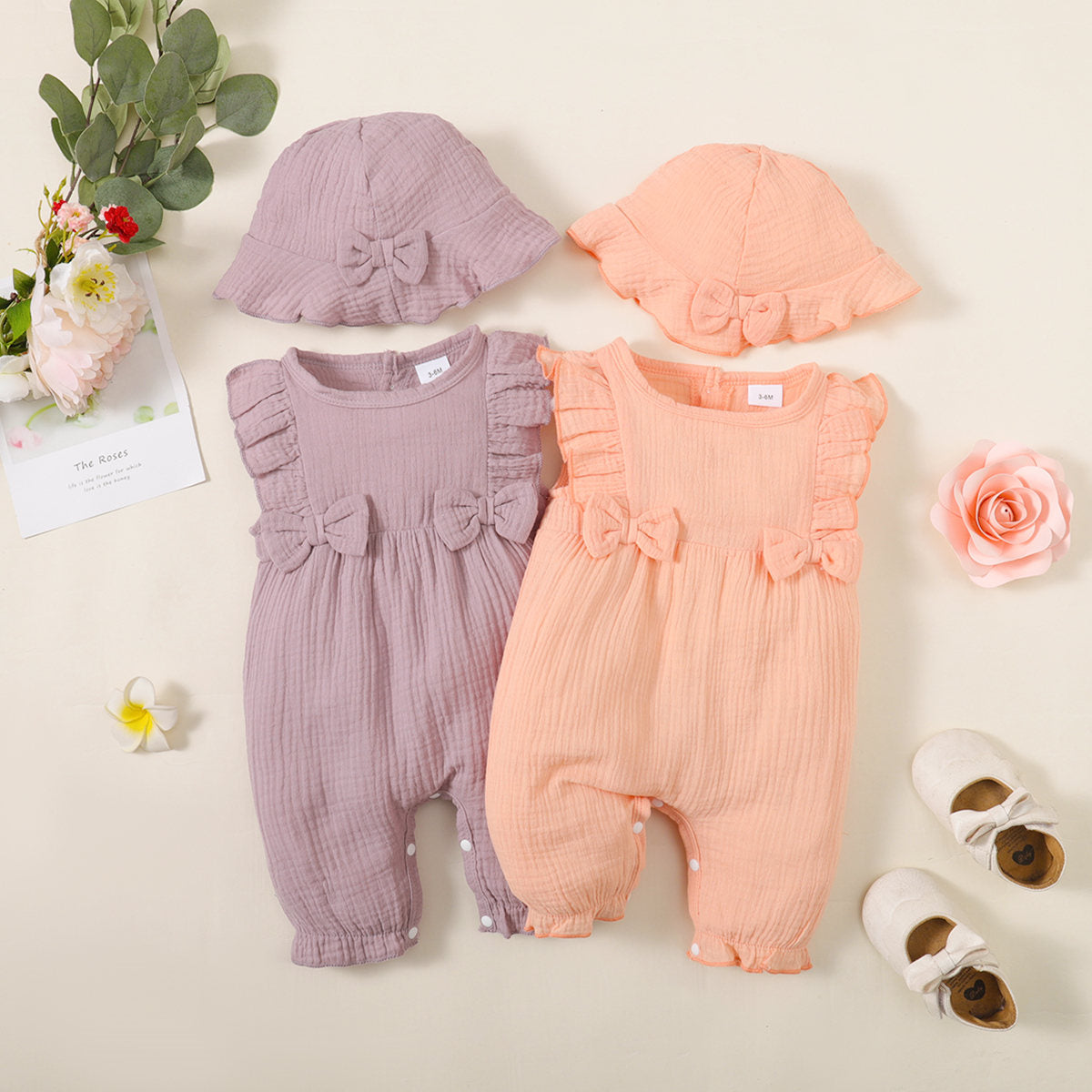 2-piece Baby Girl Pure Cotton Solid Color Bowknot Decor Sleeveless Boxer Romper & Matching Hat