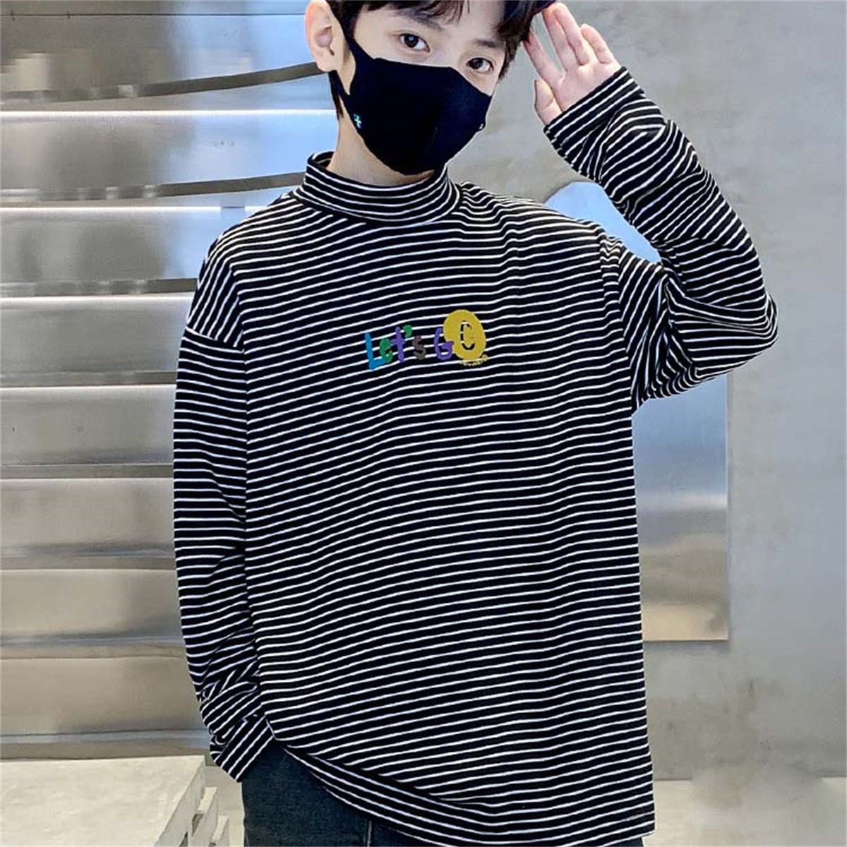 Winter plus velvet cute letter horizontal striped warm bottoming shirt for middle and large boys