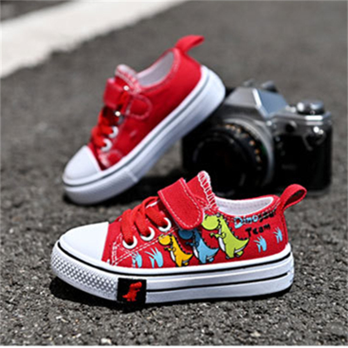 Toddler Boys Cartoon Dinosaur Pattern Velcro Supportive Lightweight Low-top Canvas Shoes