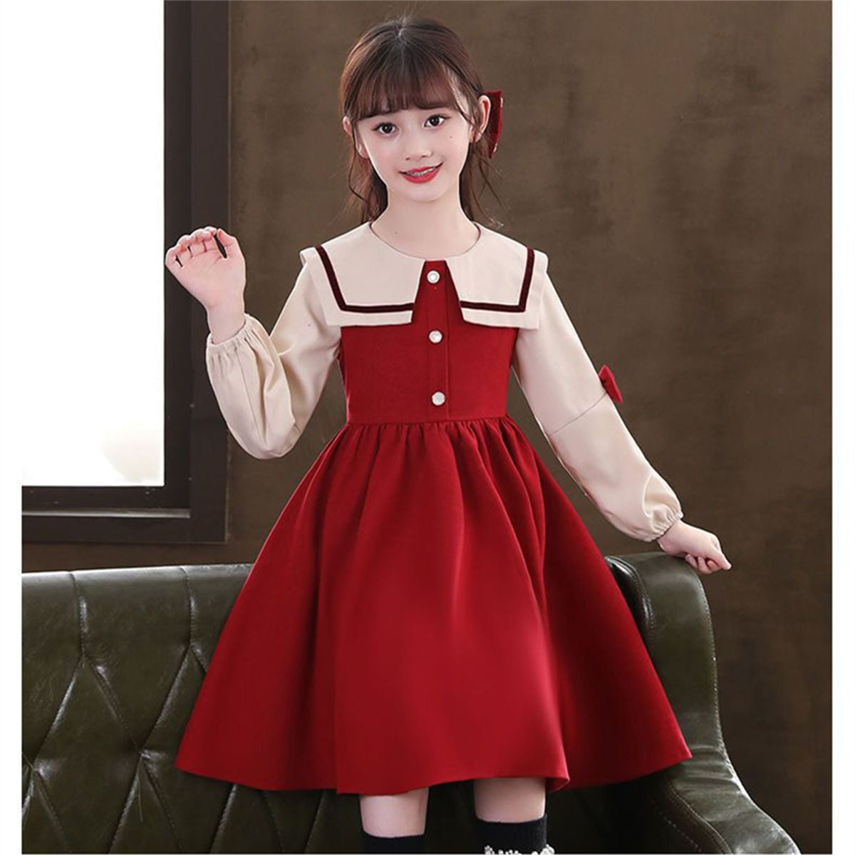 Autumn color matching sweet princess style navy collar bow long sleeve dress for middle and large children girls