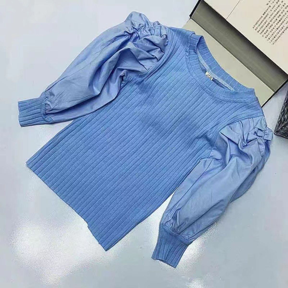 Girls' bottoming shirt new style children's puff sleeves ribbed long-sleeved T-shirt outer wear baby casual top