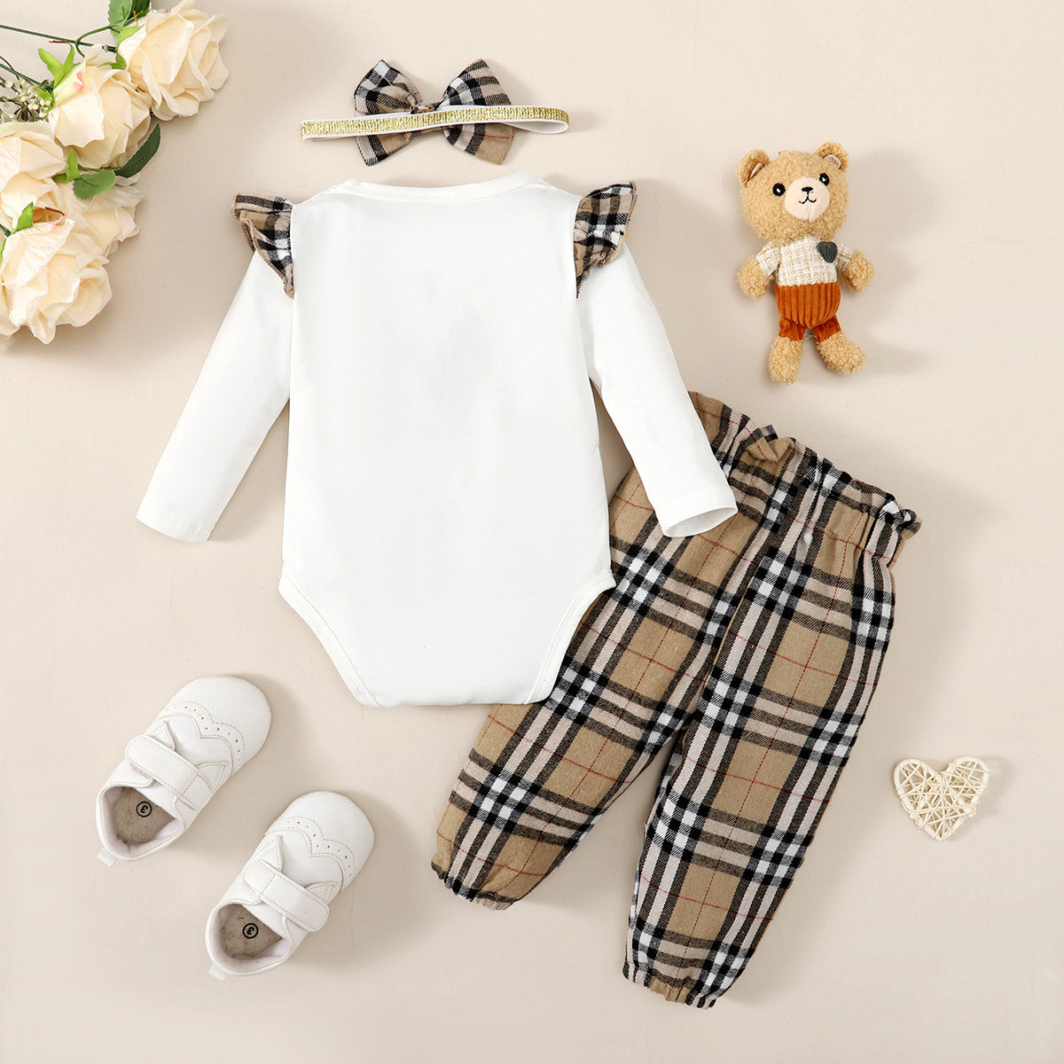 Baby Girl 3 Pieces Bear Pattern Bodysuit & Plaid Pattern Pants & Headband