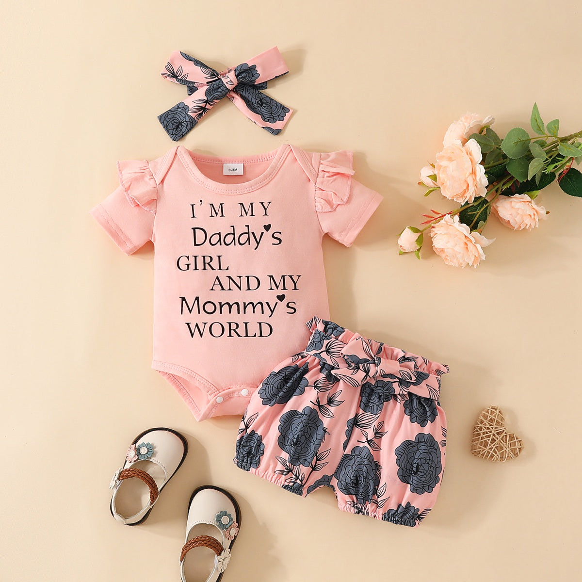 3-piece Baby Girl Letter Printed Short Sleeve Romper & Allover Floral Pattern Shorts & Headwrap