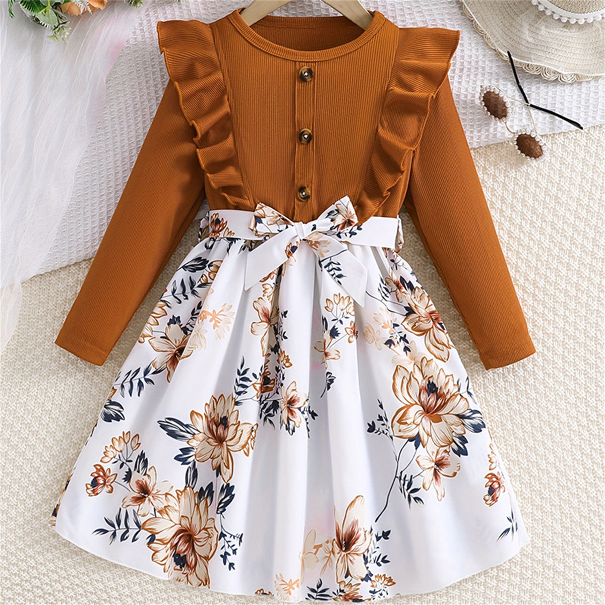 Middle and large girls autumn and winter knitted lotus leaf lace long-sleeved flower print long-sleeved dress