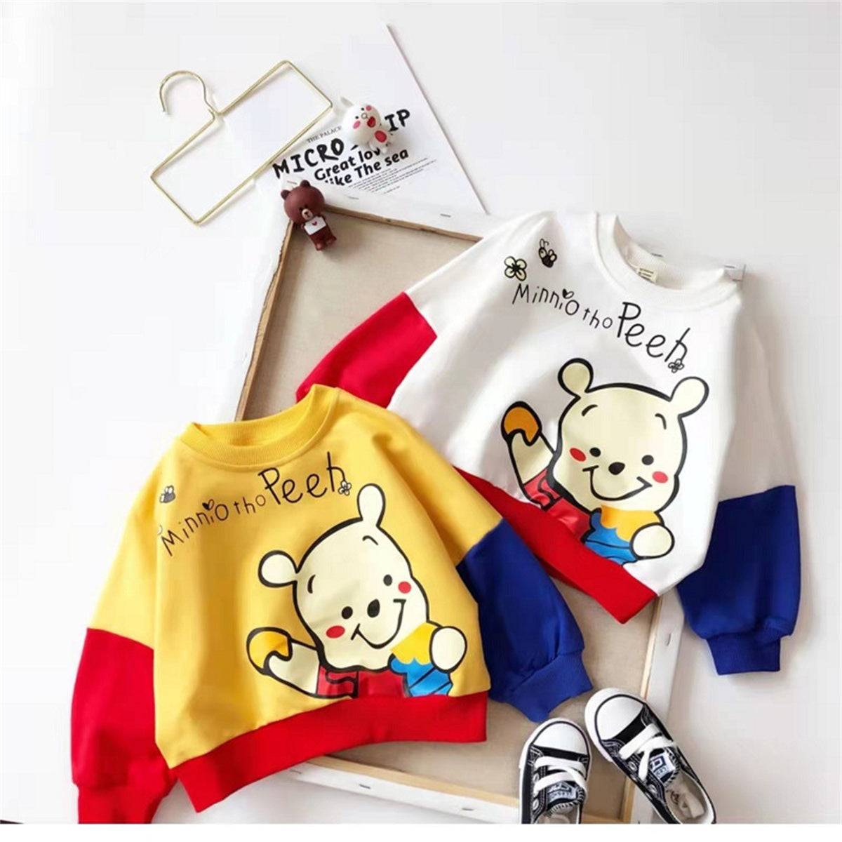 Boys and girls baby stylish cartoon bear contrast color long sleeve sweatshirt