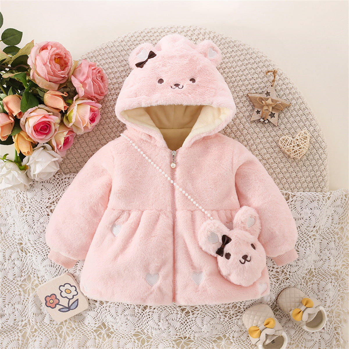 New winter girls embroidered love cartoon bunny wool sweater with bunny bag