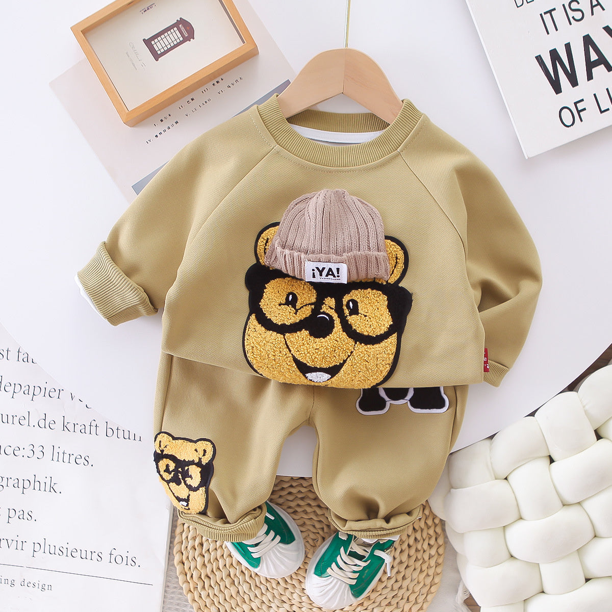 Baby boy spring and autumn cartoon bear casual sweatshirt two-piece suit