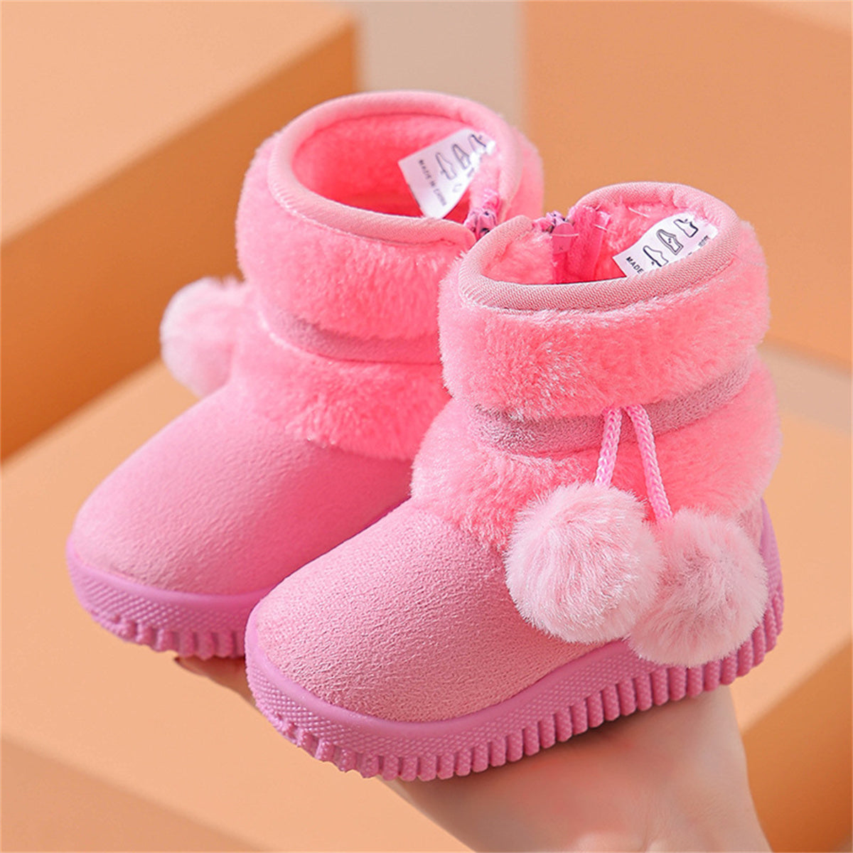 Children's girls cute bright color furry cute snow boots waterproof non-slip high top cotton shoes