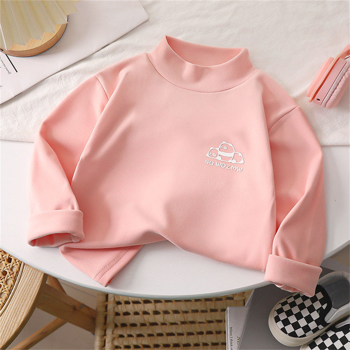 Winter half-high collar inner wear for medium and large children's boys and girls, warm and cute patterned bottoming shirts