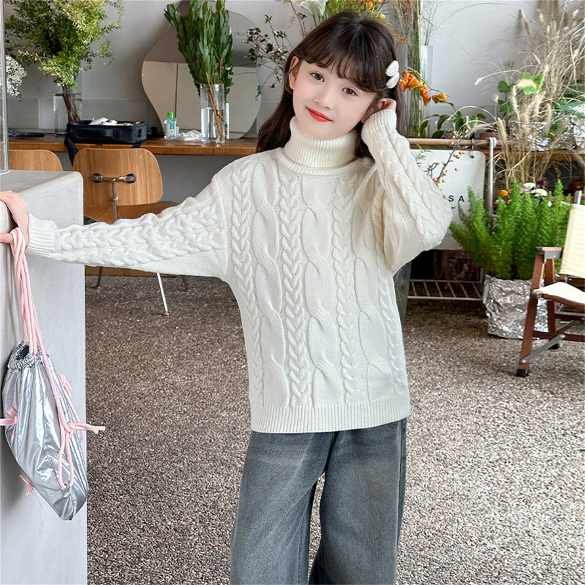 Children's Fashion Pullover Turtleneck Tops for Middle and Large Children Linen Bottom Knitted Sweaters