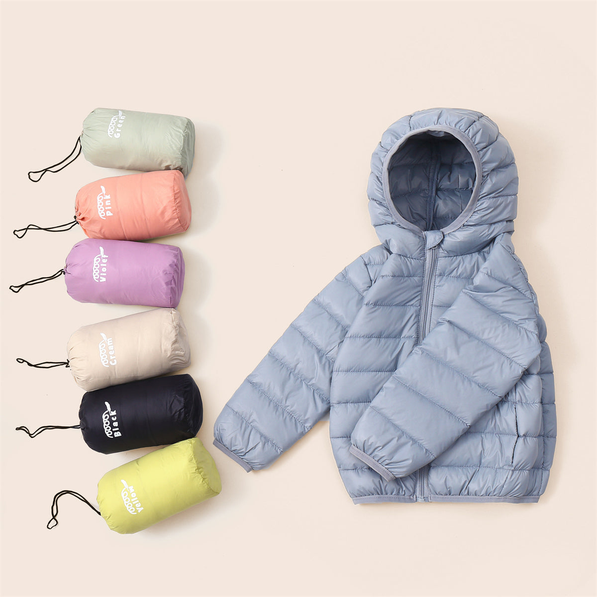 Winter simple solid color thin hooded short down jacket for boys and girls