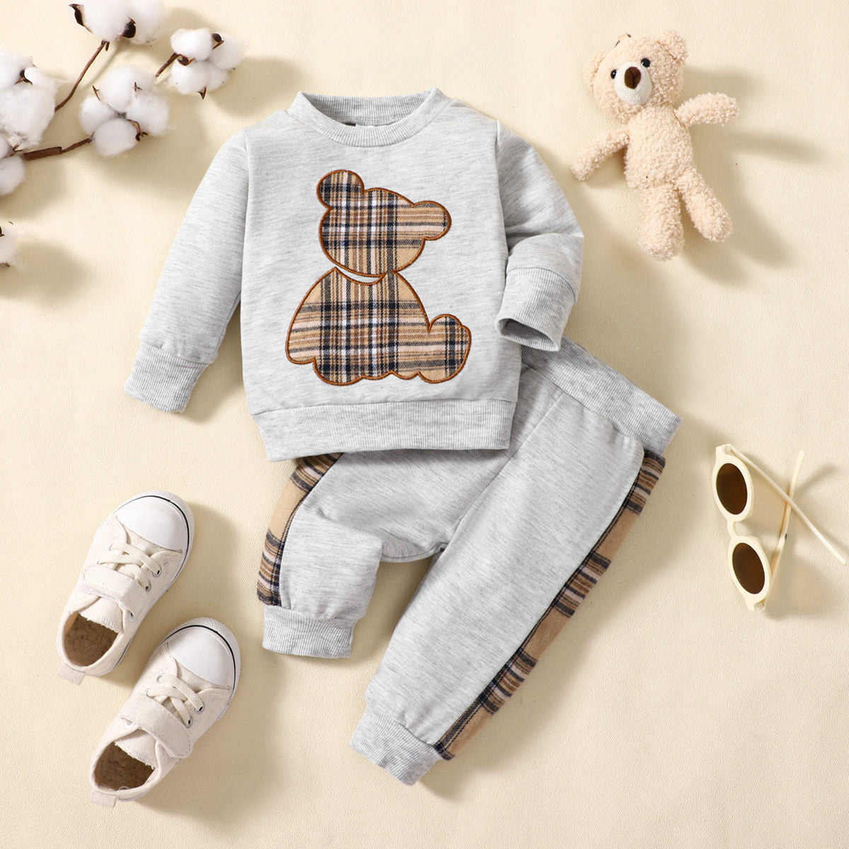 2-piece Baby Boy Plaid Bear Patchwork Long Sleeve Top & Plaid Patchwork Cropped Pants