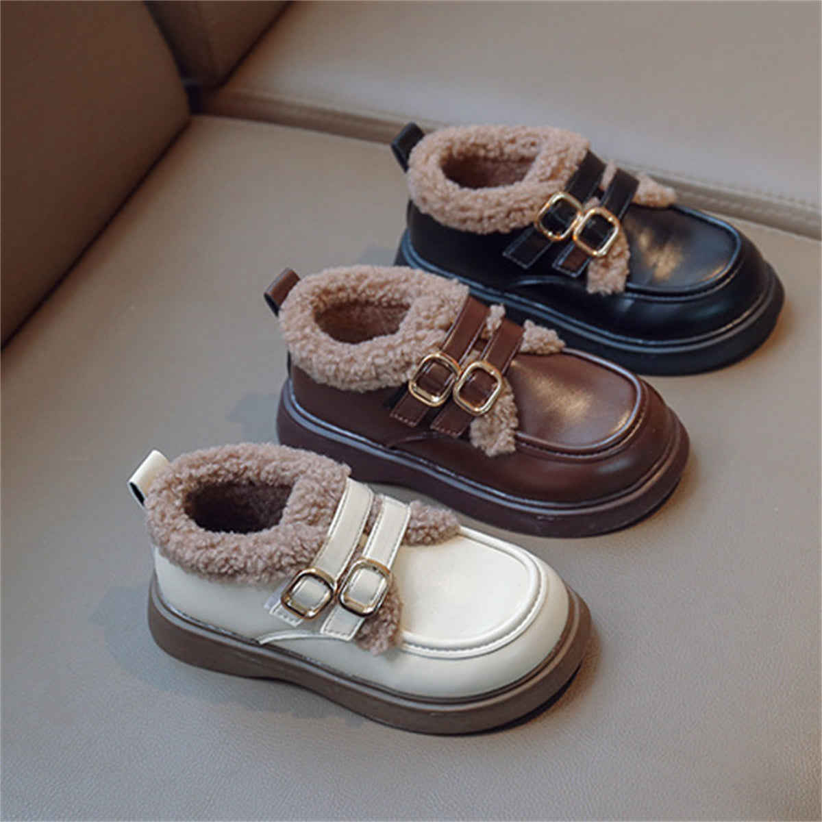 Children's girls' winter style British style plus velvet warm leather shoes low-top cotton shoes