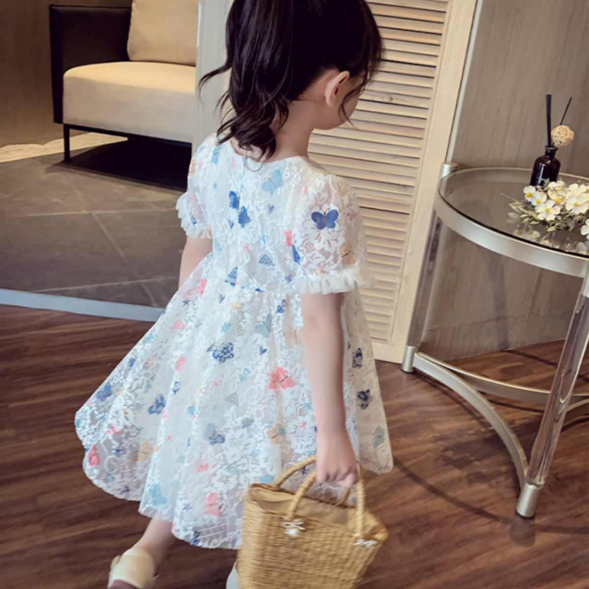 Summer children's butterfly lace mesh short-sleeved dress