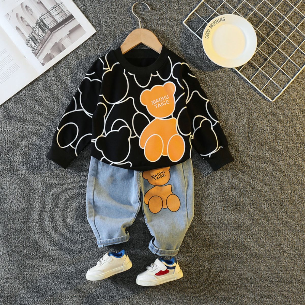 Baby autumn suit children's spring and autumn style boy's denim bear suit two-piece suit