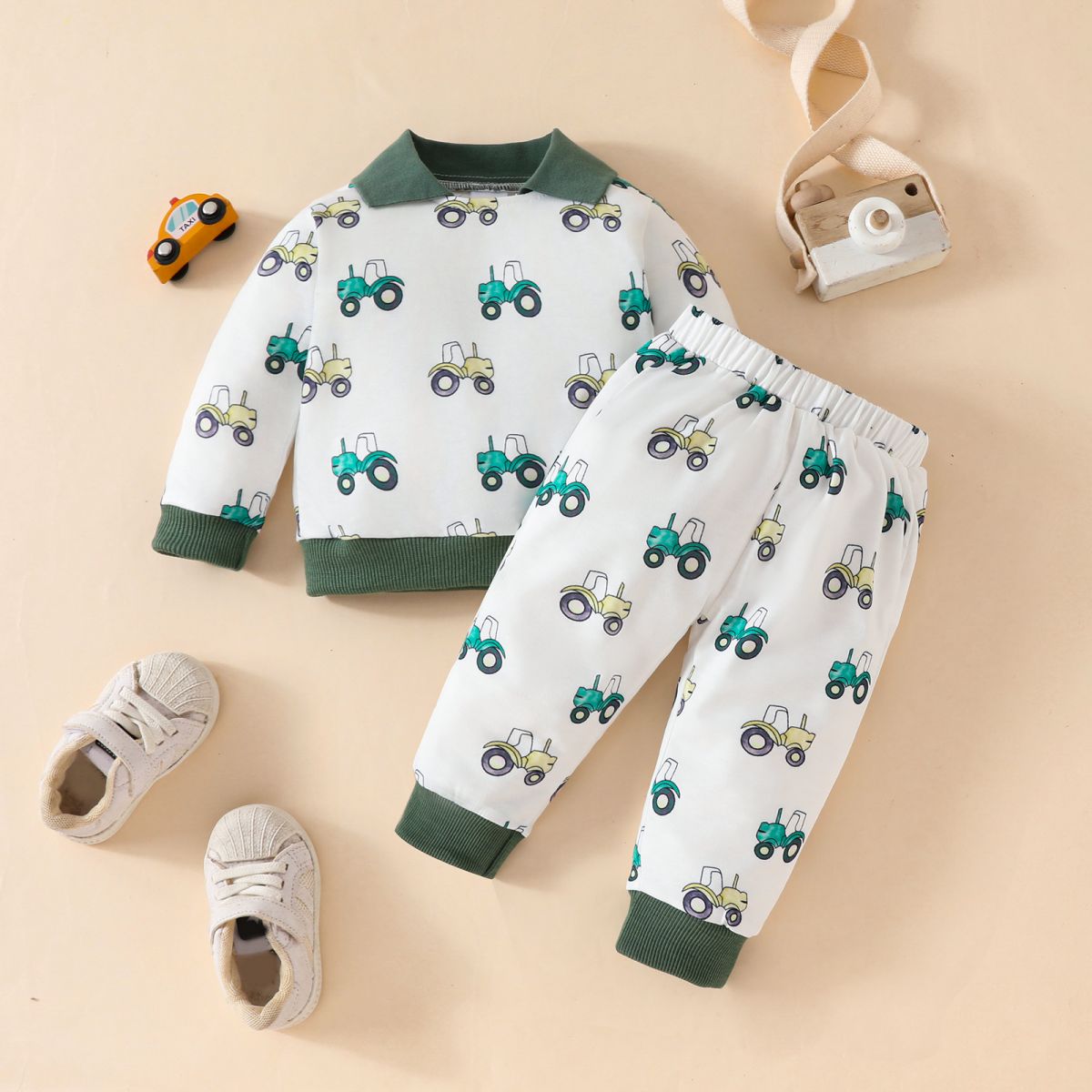 Autumn cartoon flower car full print casual sweatshirt with trousers for girls and boys aged 0-3 years old, cute daily outing sports suit