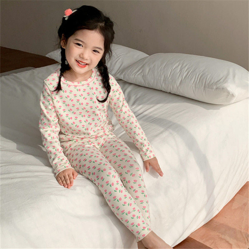 Girls floral home wear long sleeve pajamas warm two piece set