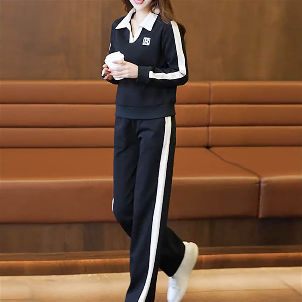 Women's simple lapel sweatshirt + sweatpants two-piece set