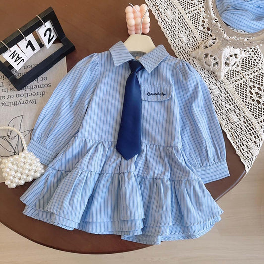 Girls shirt dress new striped long sleeve shirt dress with tie