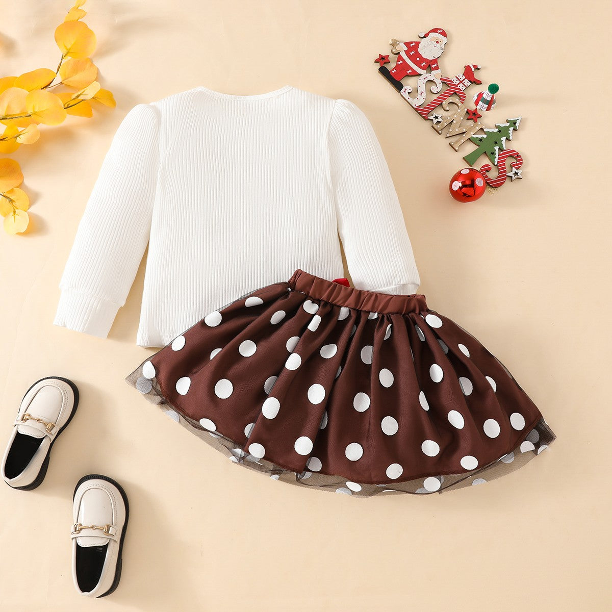 0-4 years old girls Christmas party atmosphere elk print long-sleeved T-shirt with polka dot bow mesh skirt autumn suit