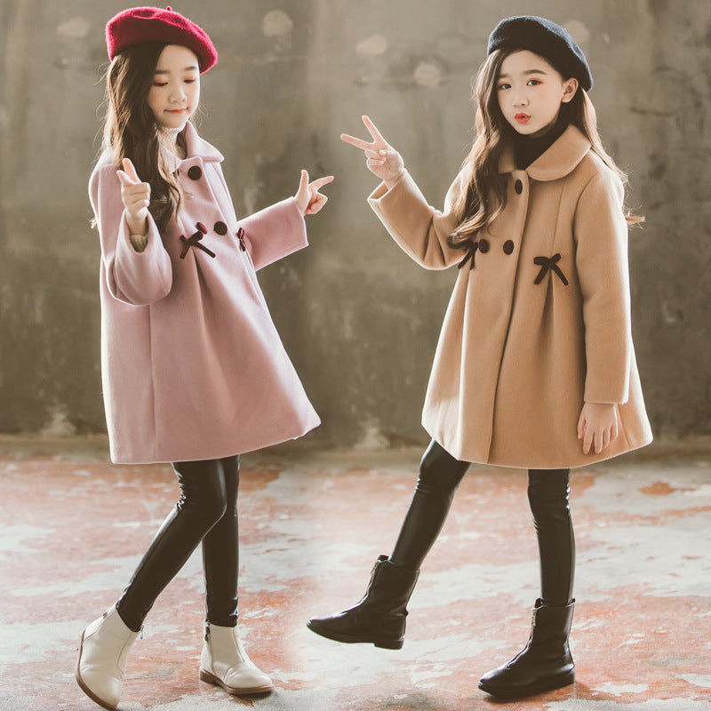 Girls solid color cute medium-length princess woolen coat