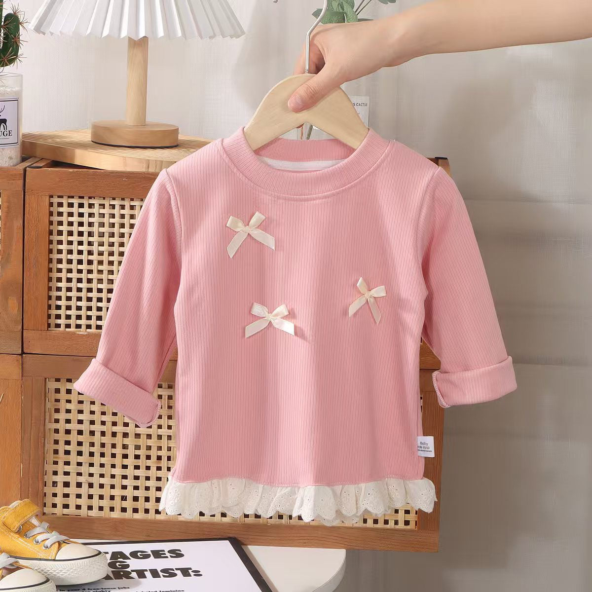 Girls autumn new baby bow lace children's long-sleeved bottoming sweatshirt