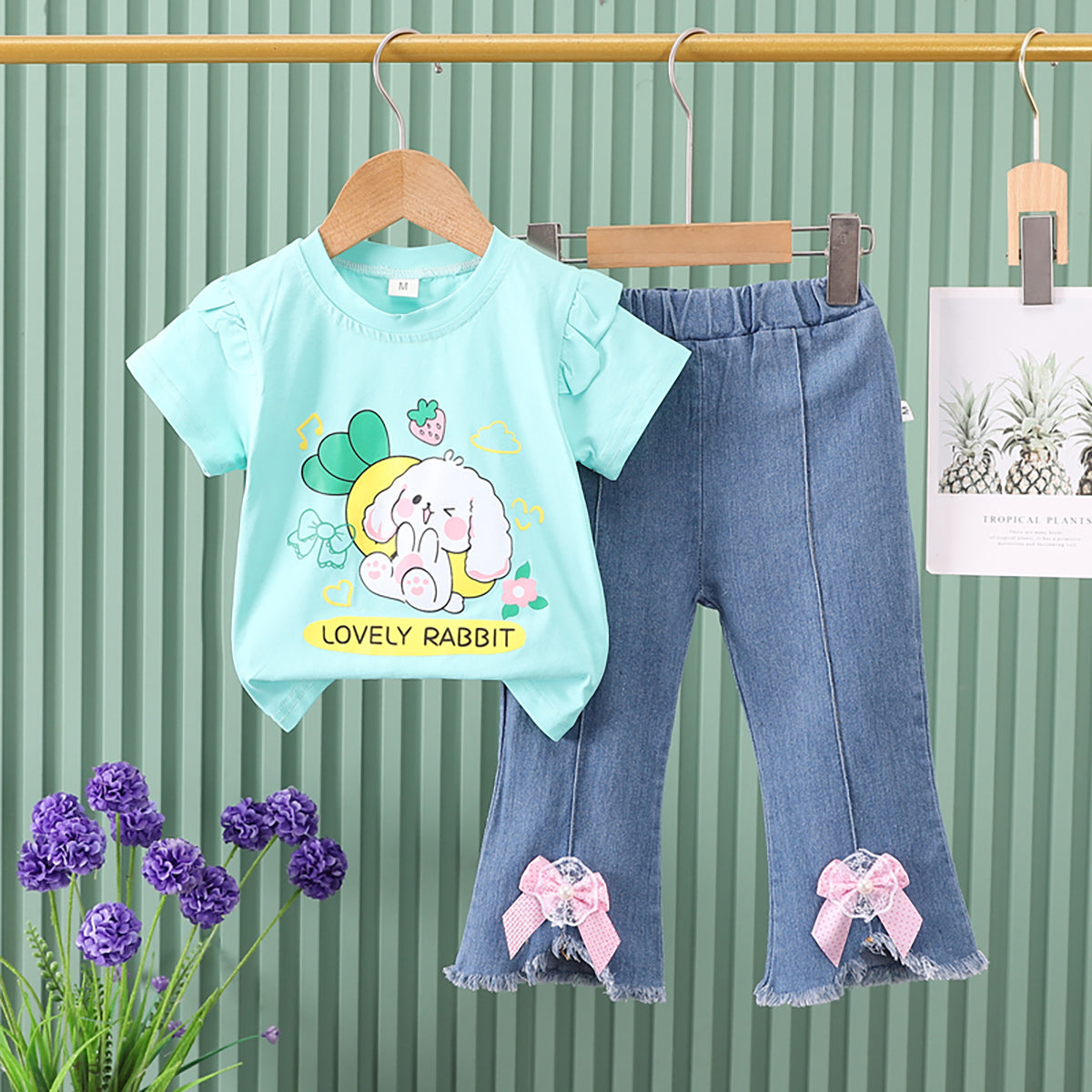 Girls Cartoon Short Sleeve T-shirt Flared Jeans Set