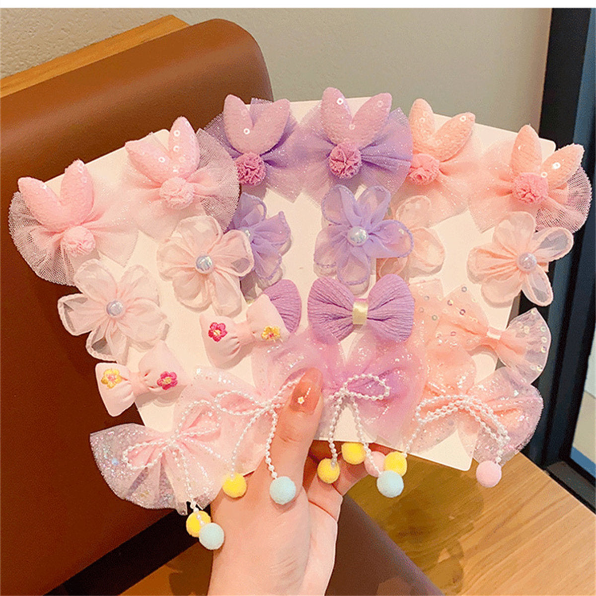 Children's 8-piece set of cute flower bow sweet style fabric hairpins that do not damage the hair