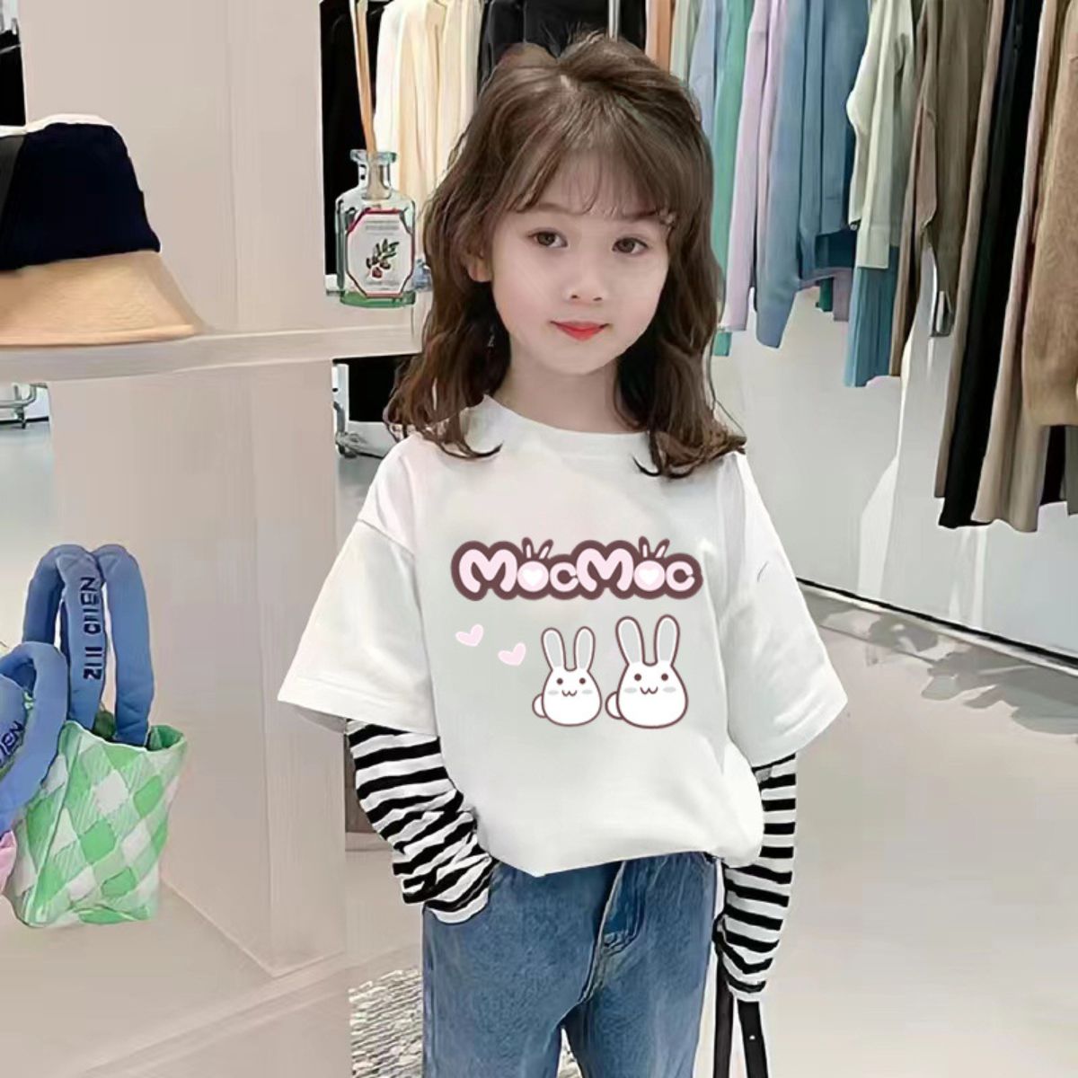 Girls long-sleeved pure cotton t-shirt fake two-piece new children's autumn clothing tops baby spring and autumn t-shirt