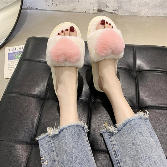 Furry love heart style autumn and winter temperament slippers shallow mouth women flat heel flat bottom daily home furry cotton slippers love word fur slippers