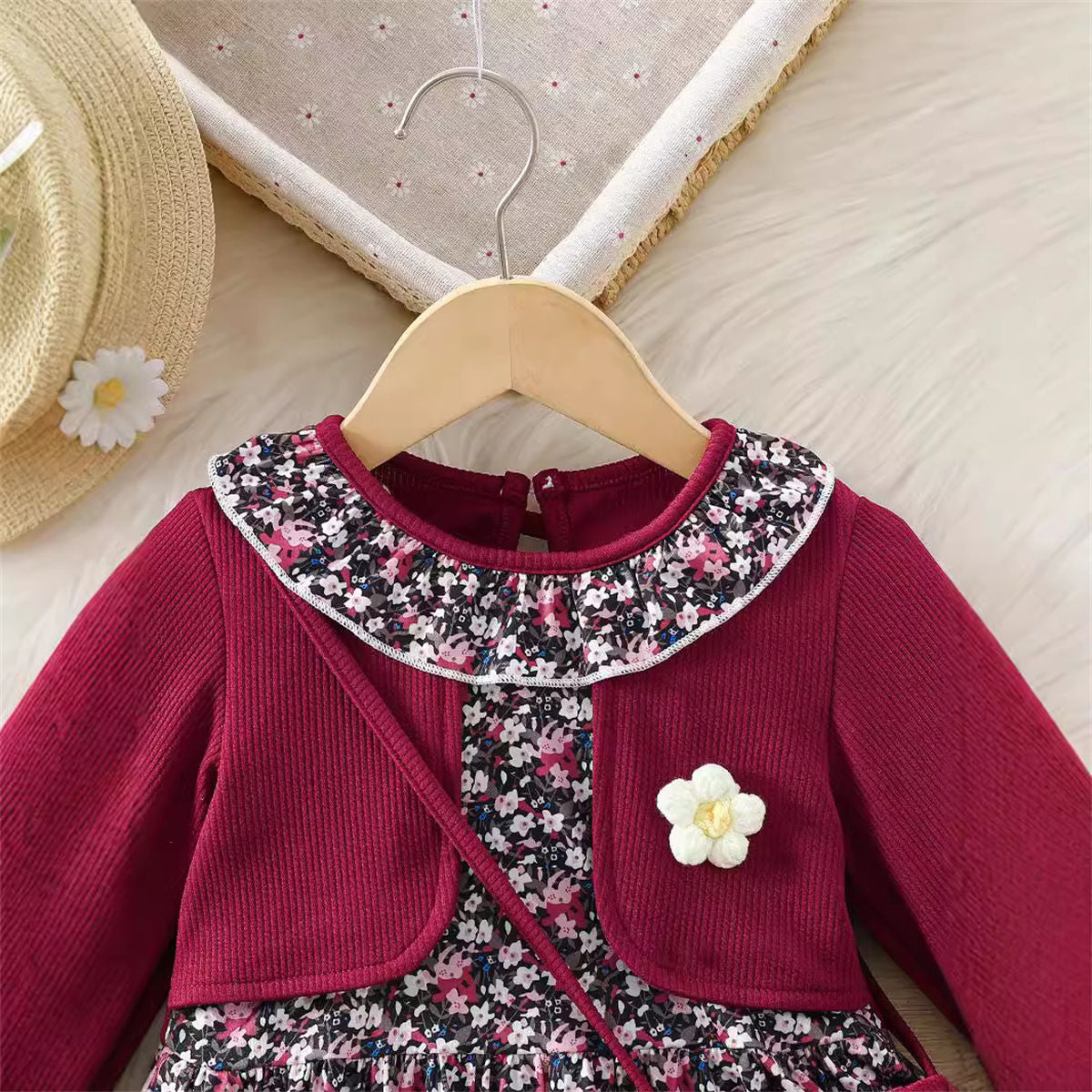 Girls Floral Dress Knitted Splicing Top Princess Dress Autumn Ruffles