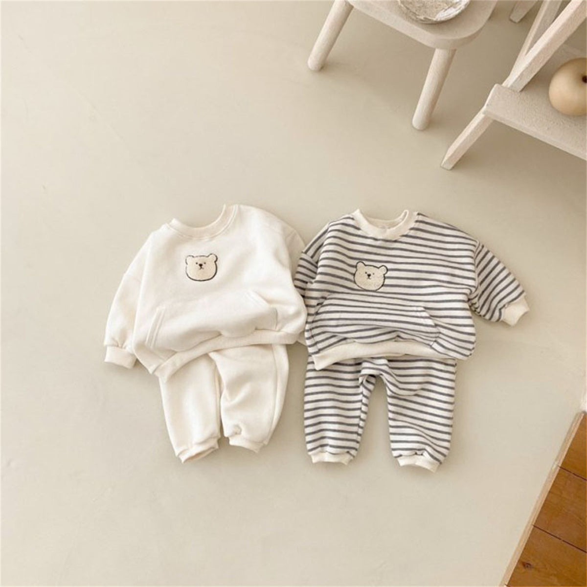 Baby long sleeve embroidered bear head striped outdoor romper crawling suit