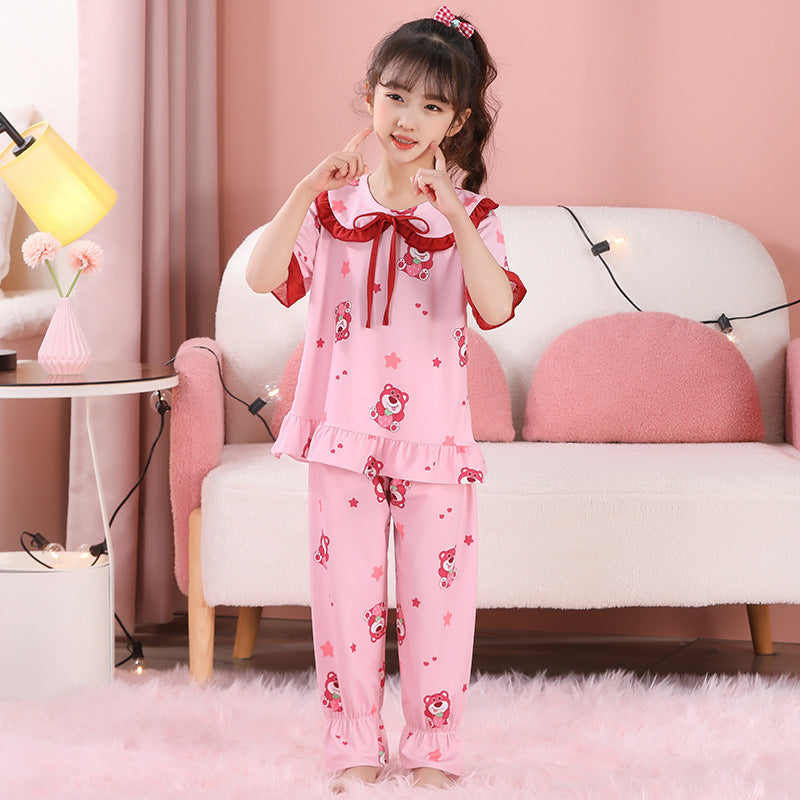 Short-sleeved and long pants children's pajamas cute cartoon home clothes set