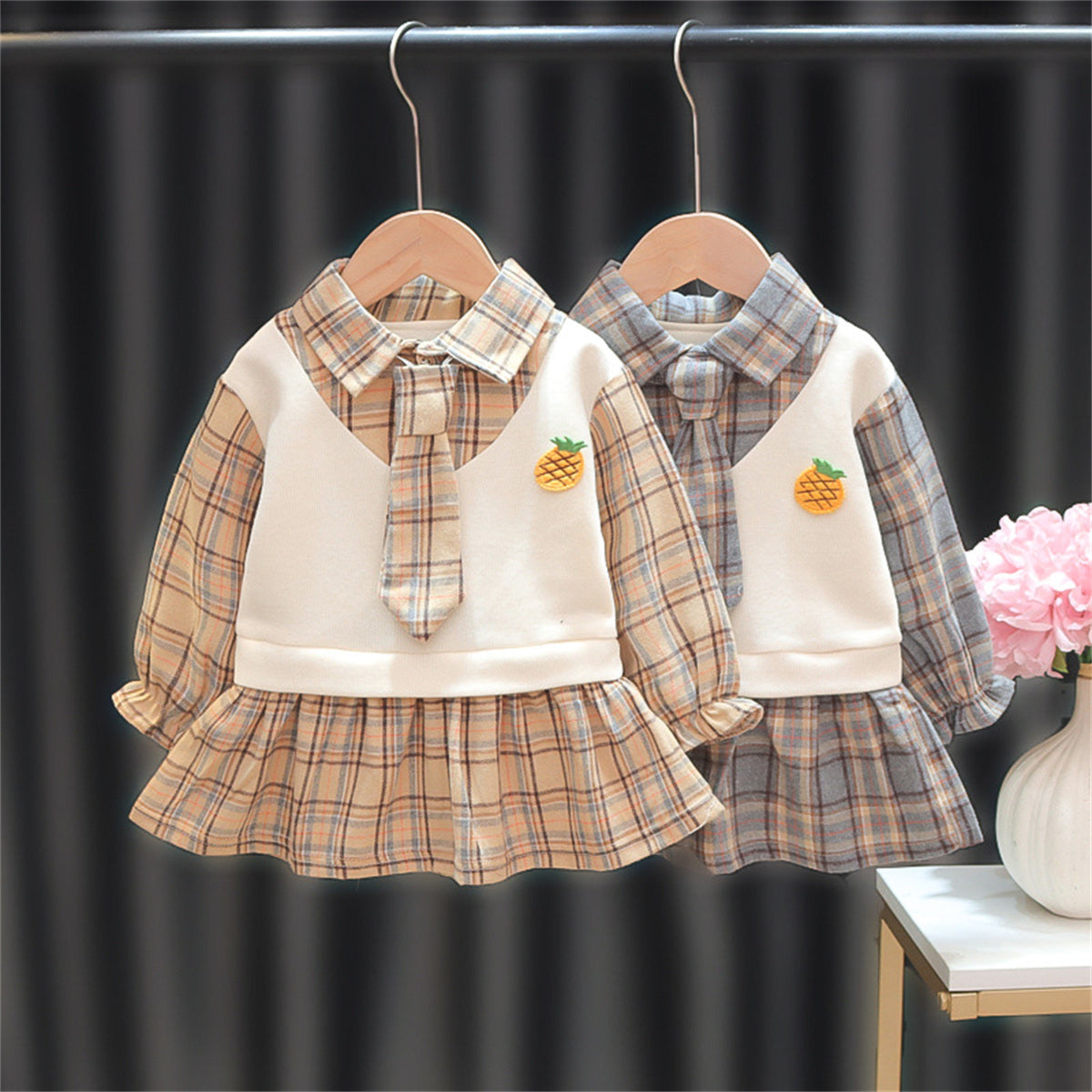 New spring and autumn baby girl long-sleeved vest fake two-piece college style dress bow tie detachable