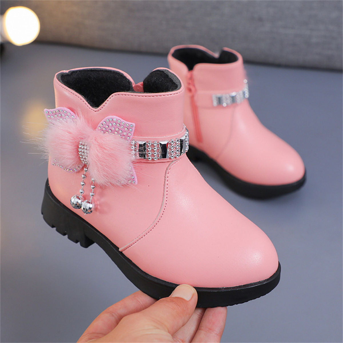 Cute furry and diamond warm waterproof Martin boots for girls in winter