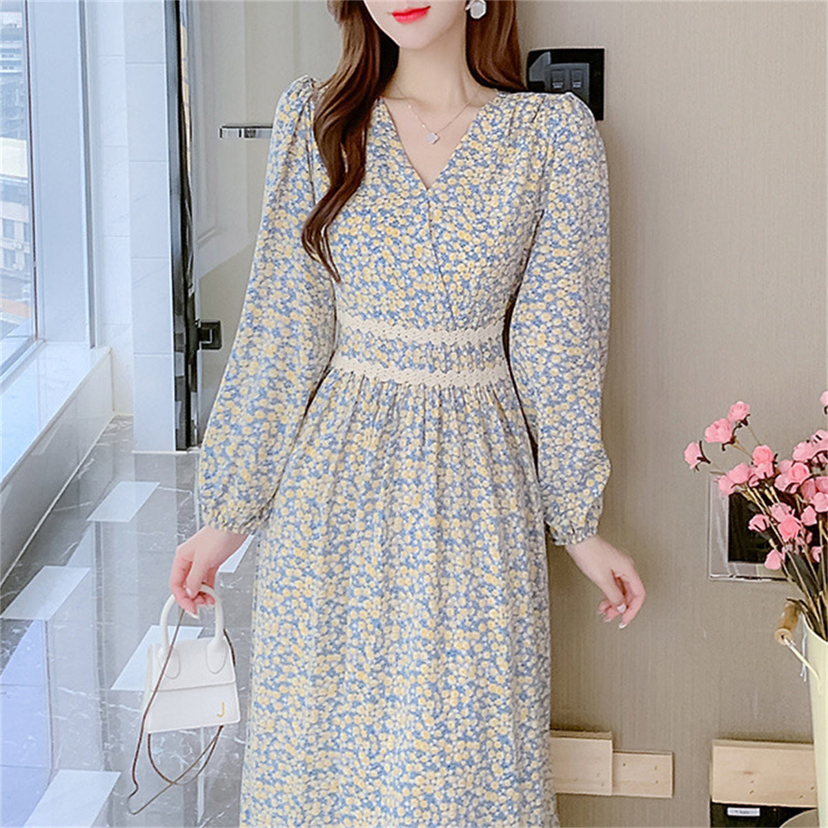 Women's floral dress V-neck slim waist long dress