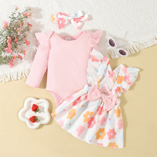 Baby Girl Autumn Sweet Pink Striped Flying Sleeve Triangle Romper and Ruffled Suspender Skirt Bowknot Flower Print Suspender Skirt and Headband 3-piece Set