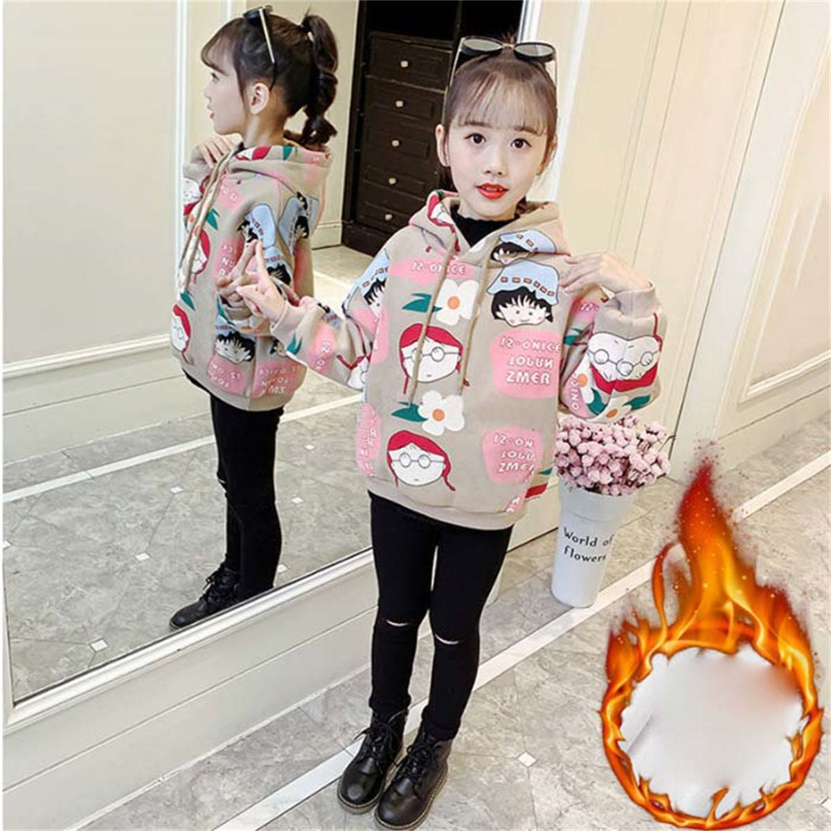 Winter plus velvet cartoon pattern cute style hooded pullover sweatshirt for middle and large children girls