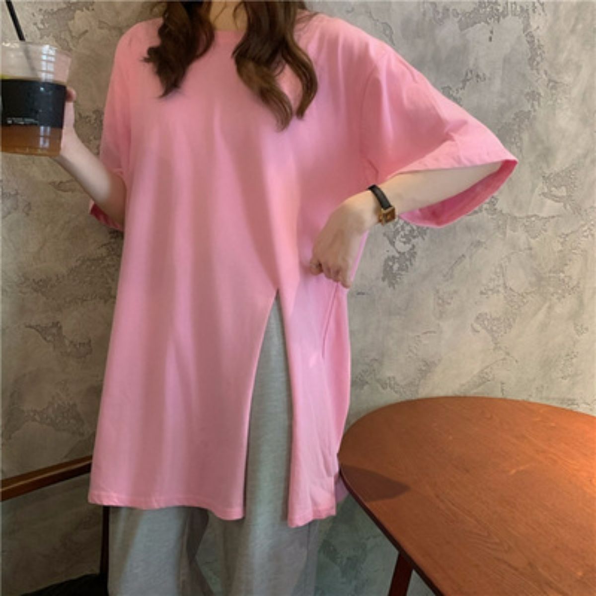 Maternity T-shirt summer design slit maternity top loose mid-length solid color short-sleeved T-shirt