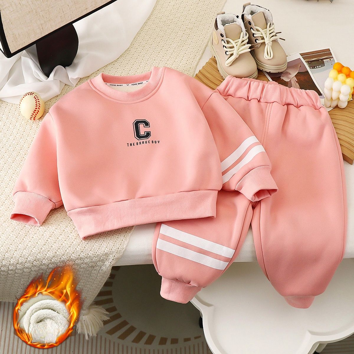 Children's sweater suits new winter baby velvet thickened boys warm girls sports clothes children's clothing