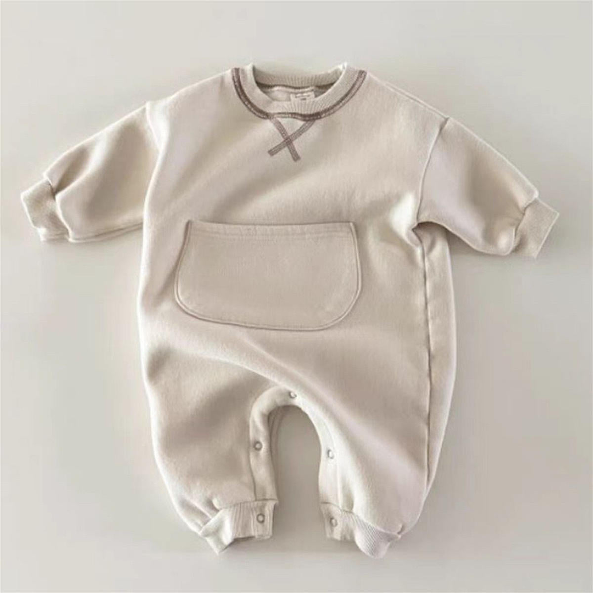 Baby solid color kangaroo pocket belly long sleeve long crawling clothes spring and autumn