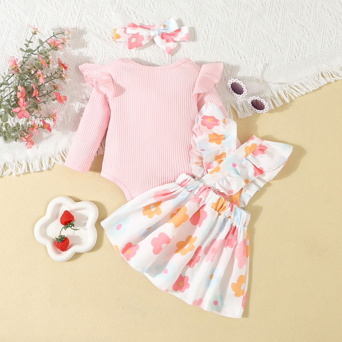 Baby Girl Autumn Sweet Pink Striped Flying Sleeve Triangle Romper and Ruffled Suspender Skirt Bowknot Flower Print Suspender Skirt and Headband 3-piece Set