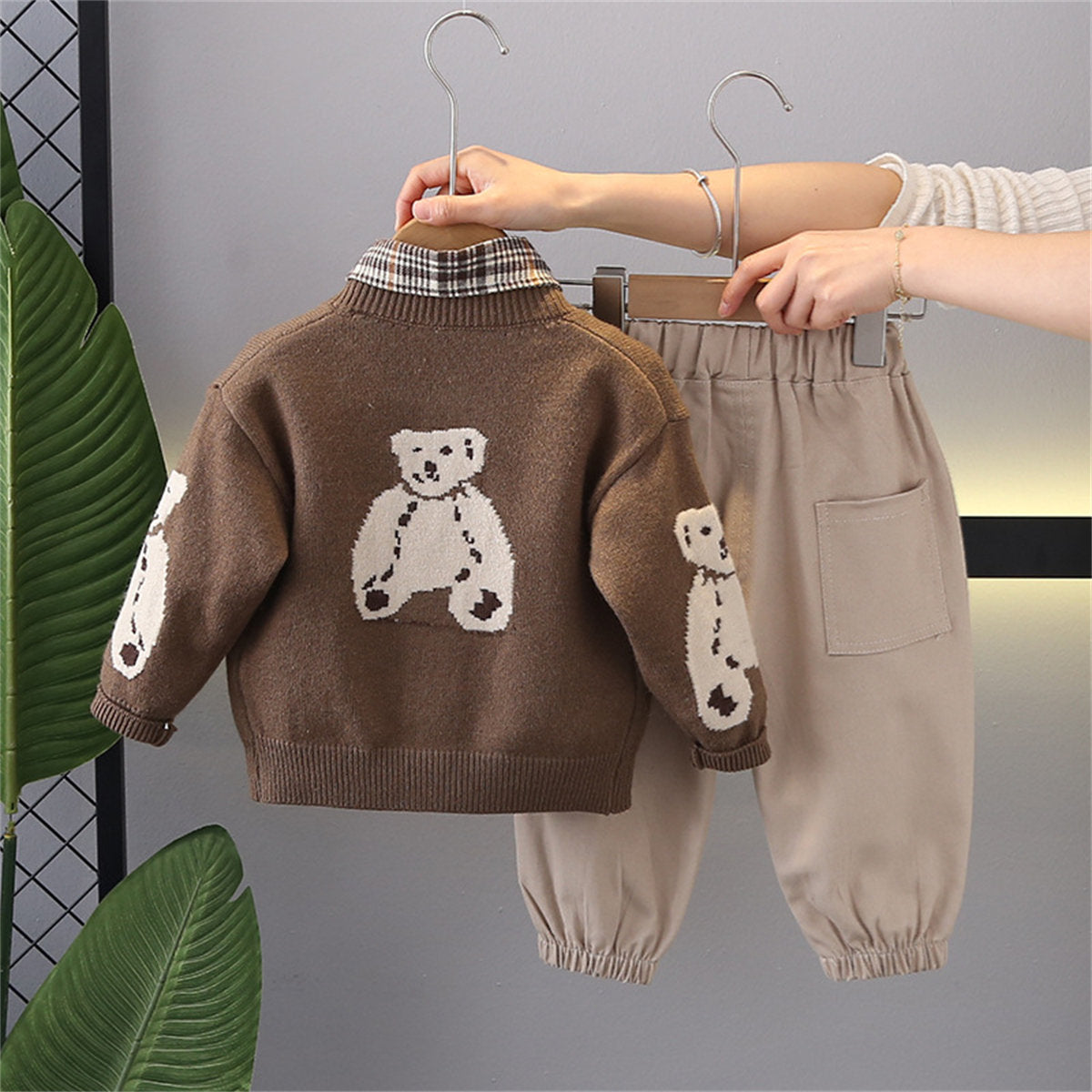 Children's three-piece plaid bear suit