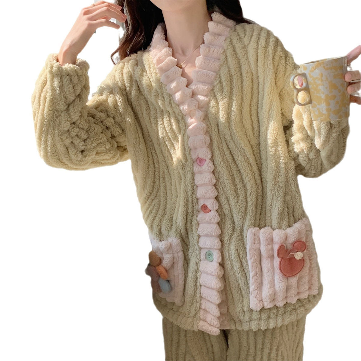 Women's cardigan flannel warm home wear suit