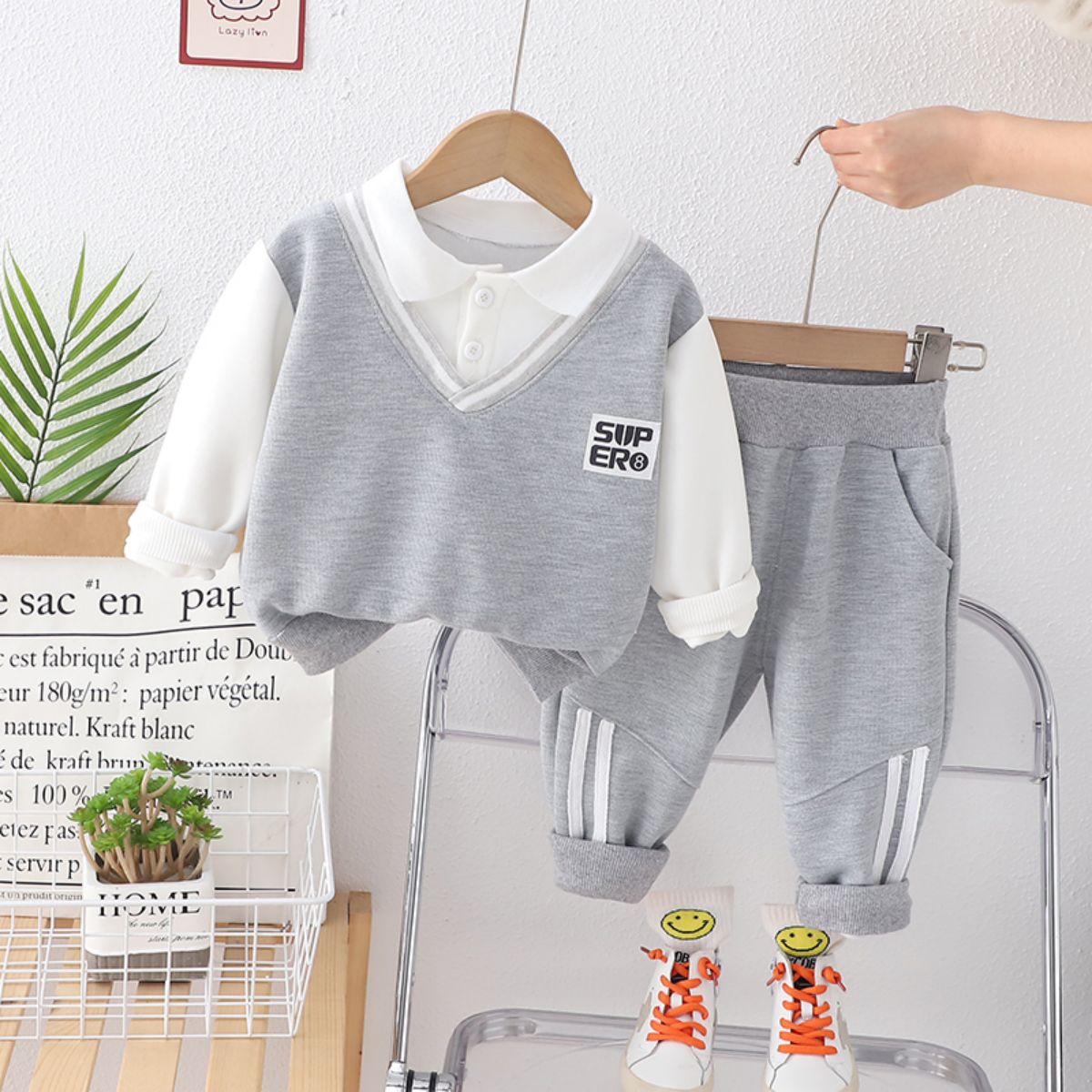 Boys Spring and Autumn Children's Clothing Children's College Style Clothes Boys Baby Children Spring and Autumn Fake Two-piece Suit